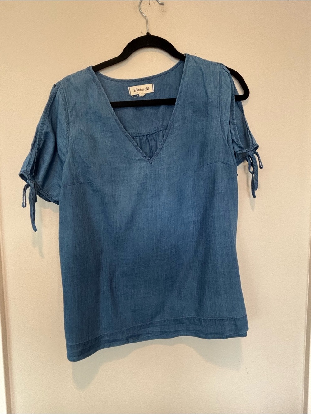 Madewell Light Blue V-Neck Tie-Sleeve Denim-Look Top